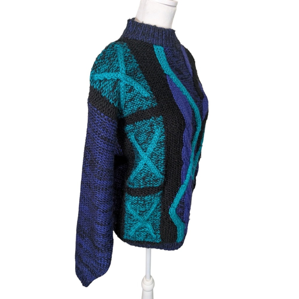 Vintage 80s City Streets Purple Aqua Black Cable Knit Sweater Small Retro Mock - Picture 2 of 8